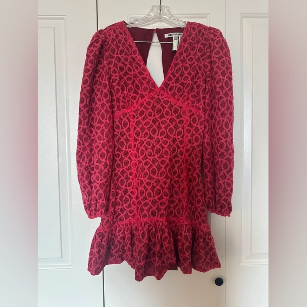 Red Lace V-Neck Long Sleeve Ruffle Hem Dress